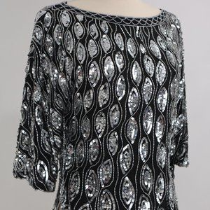 ❄ Vtg Black Silk Silver Sequin Dress Blouse Art Deco Top Party Wedding Cocktail